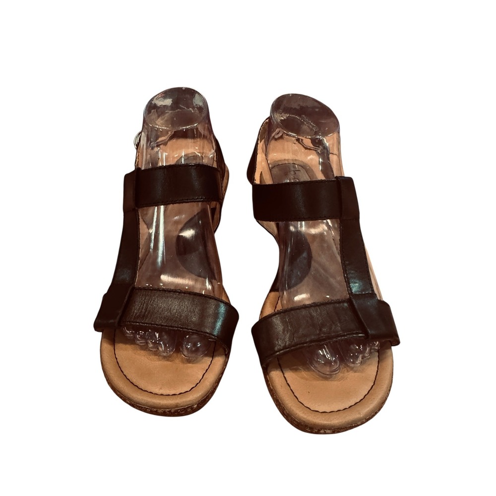 b.o.c Born Concept Black Leather Wedge Sandals Women's‎ Size 9M c60903